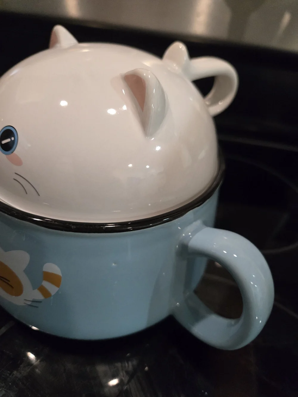 Source Unknown Blue Cat Ceramic Bowl with White Cat Lid